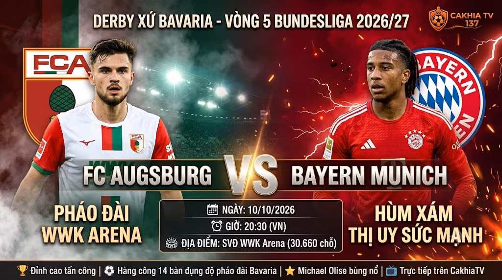 Ảnh bìa nhận định trận derby xứ Bavaria giữa Augsburg vs Bayern Munich vòng 5 Bundesliga 2026/27 trên chuyên trang bóng đá CakhiaTV