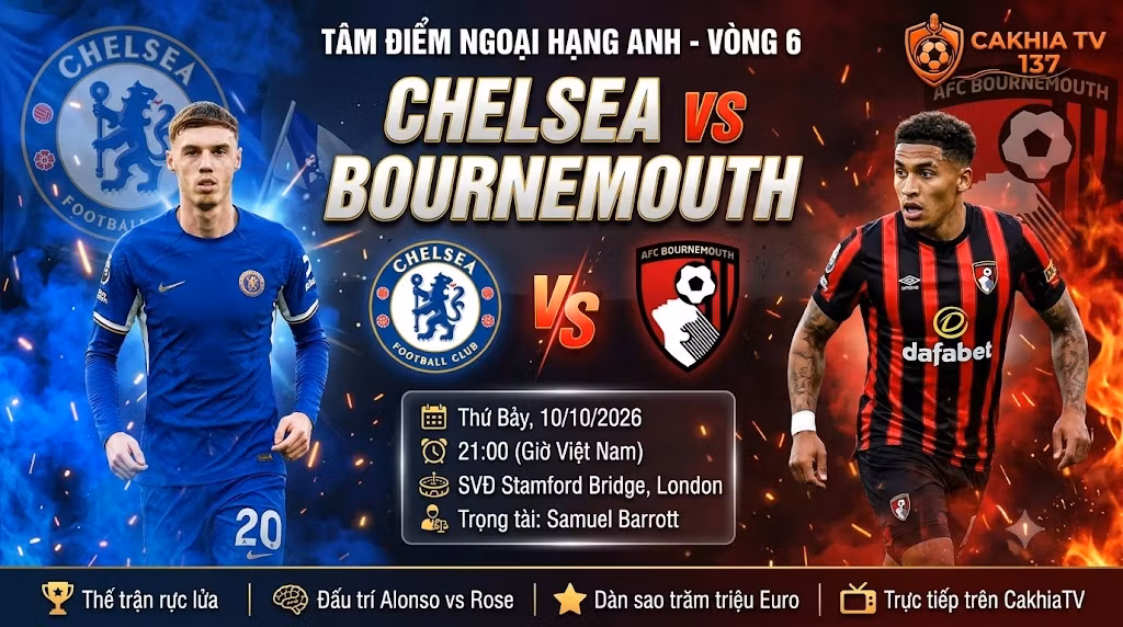 Nhận định Chelsea vs Bournemouth (21:00, 10/10/2026): The Blues quyết thị uy sức mạnh