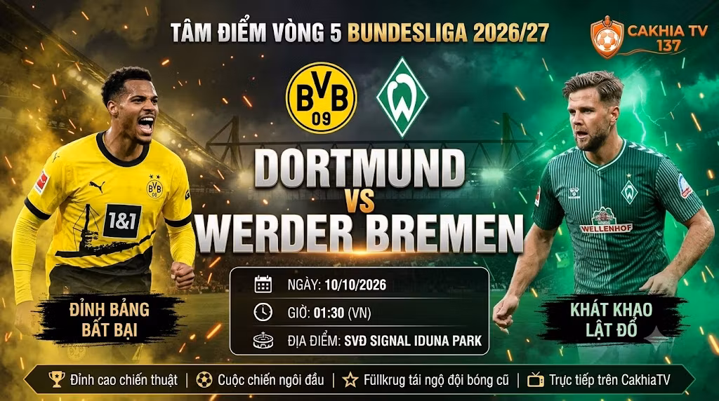 Ảnh bìa nhận định trận đấu Dortmund vs Werder Bremen vòng 5 Bundesliga 2026/27 cập nhật mới nhất trên chuyên trang bóng đá CakhiaTV.