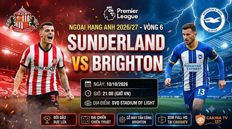 Nhận định trực tiếp trận đấu Sunderland vs Brighton vòng 6 Ngoại hạng Anh 2026/27 trên CakhiaTV